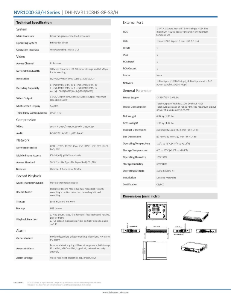 DAHUA 8 Channel NVR (DHI-NVR1108HS-8P-S3/H) Compact 1U 8PoE Lite H.265 Network Video Recorder