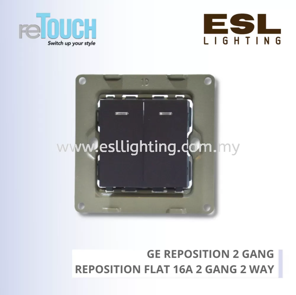 RETOUCH GRAND ELEMENTS - GE REPOSITION 2 GANG - E/SW022N-GB – REPOSITION FLAT 16A 2 GANG 2 WAY C/W BLUE LED LIGHT INDICATOR