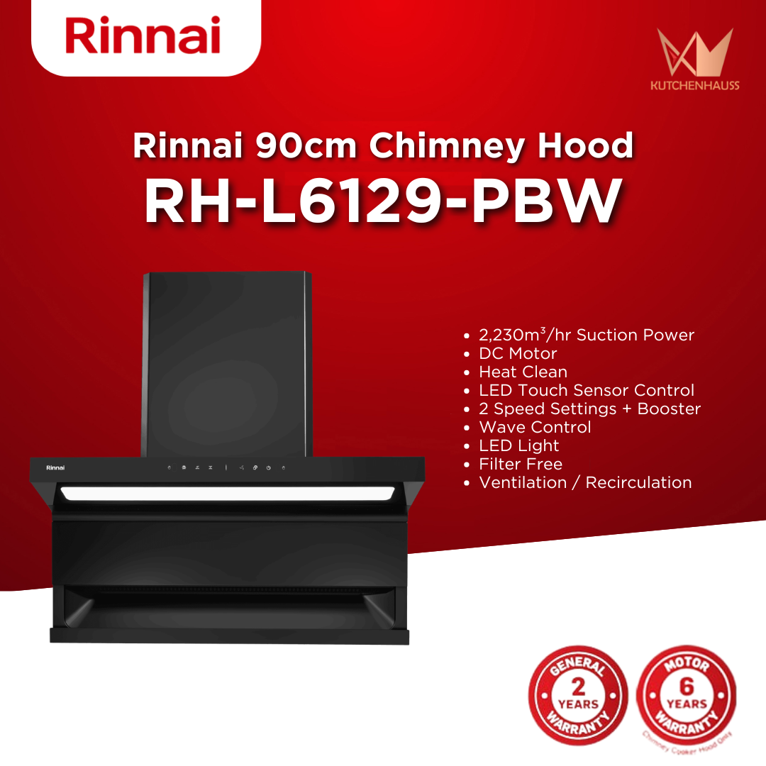 RINNAI - 90cm L Shaped Cooker Hood | RH-L6129-PBW