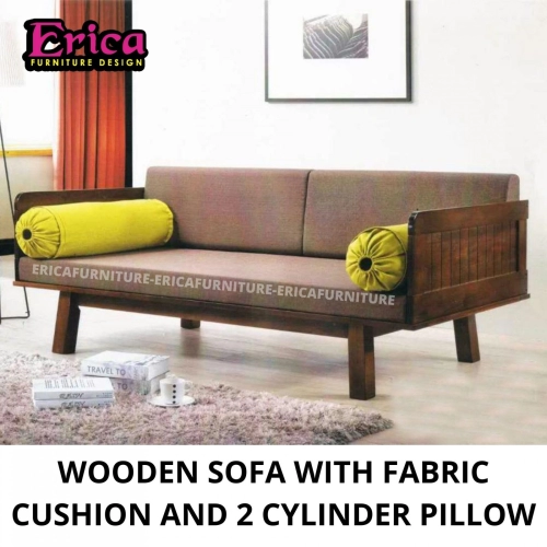 Wooden Sofa With Fabric Cushion And 2 Cylinder Pillow