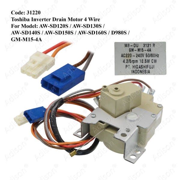 Code: 31220 Toshiba Inverter Drain Motor 4 Wire Drain Motor / Gear Motor Washing Machine Parts Melaka, Malaysia Supplier, Wholesaler, Supply, Supplies | Adison Component Sdn Bhd