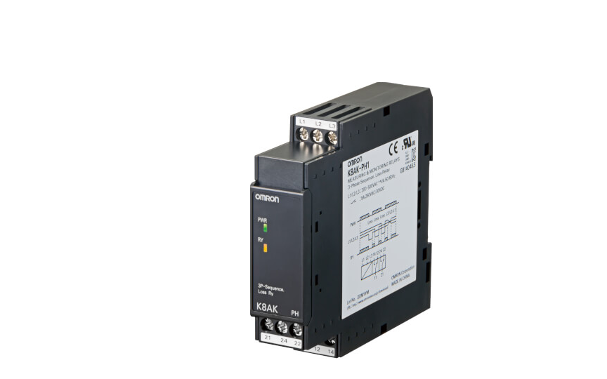 omron k8ak-ph three-phase phase-sequence phase-loss relay using voltage detection method. 22.5 mm (w). two