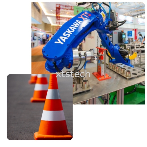 Safety Road Barrier Putting By Robot While Construction Work