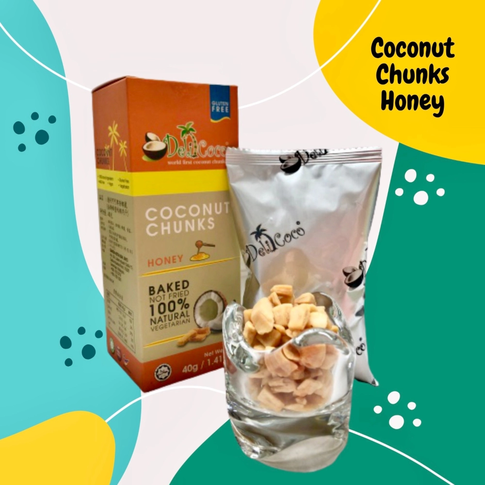 New Design. Delicoco Coconut Chunks Honey Crunch D/Cut box (60 grams)
