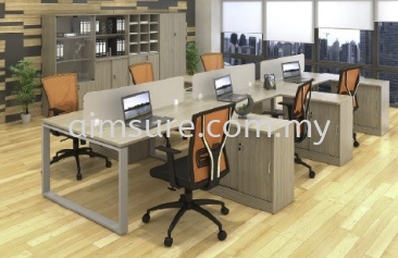 6 cluster workstation with tempered glass panel and side cabinet