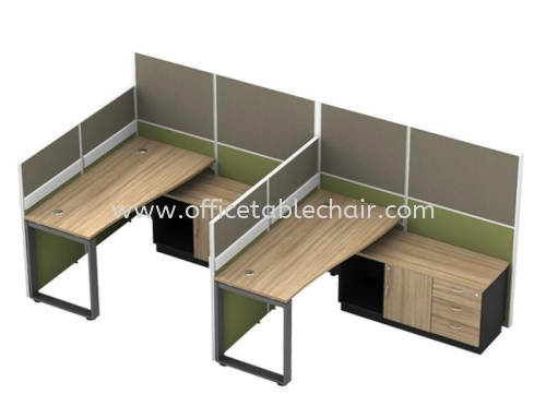 2 CLUSTER RECTANGULAR WORKSTATION C/W FULL FABRIC PARTITION, METAL "O" LEG & SIDE CABINET