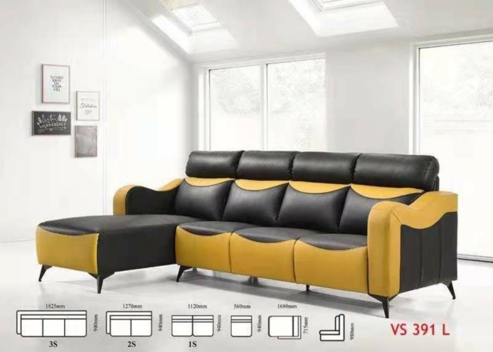 Super Leather L Shape Sofa Online -Fabrics and Super Leather Black and Yellow 