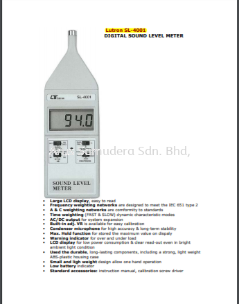 LUTRON SL-4001N SOUND LEVEL METER TEST EQUIPMENT Malaysia, Perak Supplier, Suppliers, Supply, Supplies | Arus Samudera Sdn Bhd