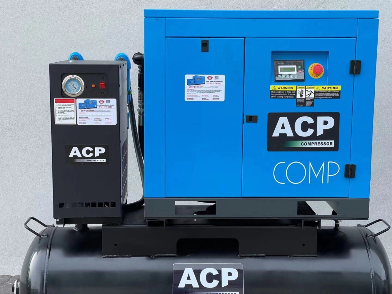 20HP “ACP” DIRECT DRIVE ROTARY SCREW AIR COMPRESSOR C/W REFRIGERATED AIR DRYER, PRE-FILTER AND AFTER FILTER ON 400L HORIZONTAL AIR RECEIVER TANK, MODEL : RS20A-P/400/D