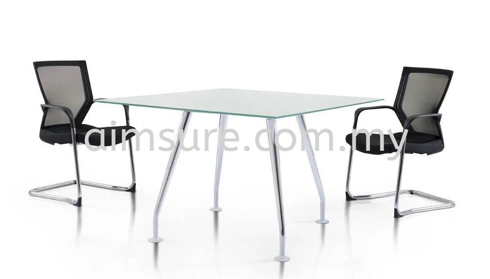 Square tempered glass discussion table with Ixia chrome leg