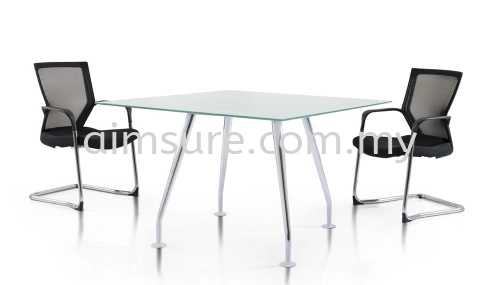 Square tempered glass discussion table with Ixia chrome leg