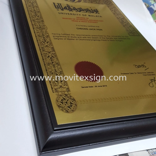 plaque certificate in gold plated 