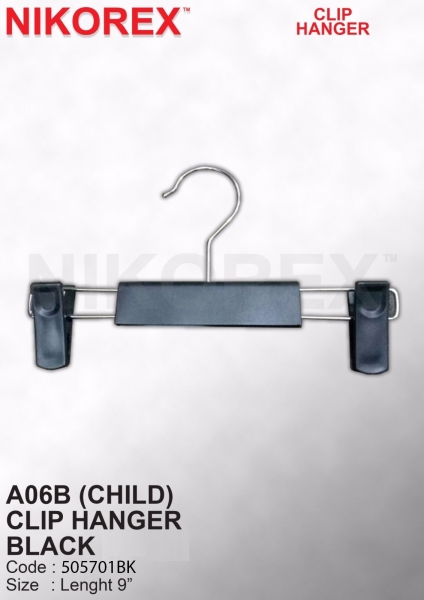 505701BK   - Clip Hanger Child A06B (Black) 10pcs Clip Hanger HANGERS Malaysia, Johor Bahru (JB), Kuala Lumpur (KL), Selangor, Melaka, Perak, Pahang, Singapore Supplier, Manufacturer, Supply, Supplies | Nikorex Display Products (M) Sdn Bhd