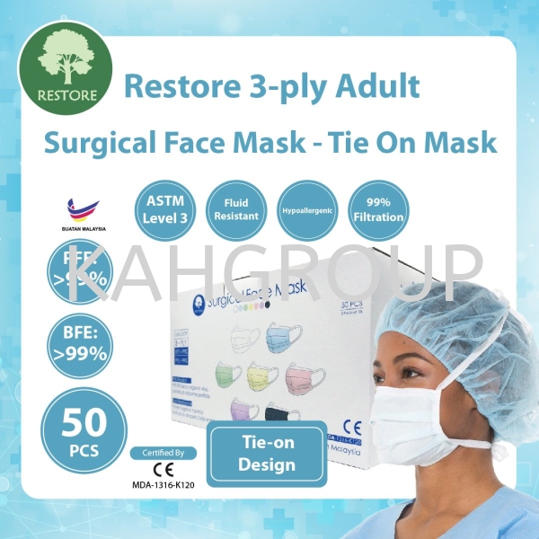 Restore 3 Ply Surgical Face Mask @ BFE 99% PFE 99% @ Tie on Design Local Face Mask & N95 8210V Selangor, Malaysia, Kuala Lumpur (KL), Johor Bahru (JB), Penang, Perak Supplier, Suppliers, Supply, Supplies | Kualiti Alam Hijau (M) Sdn Bhd