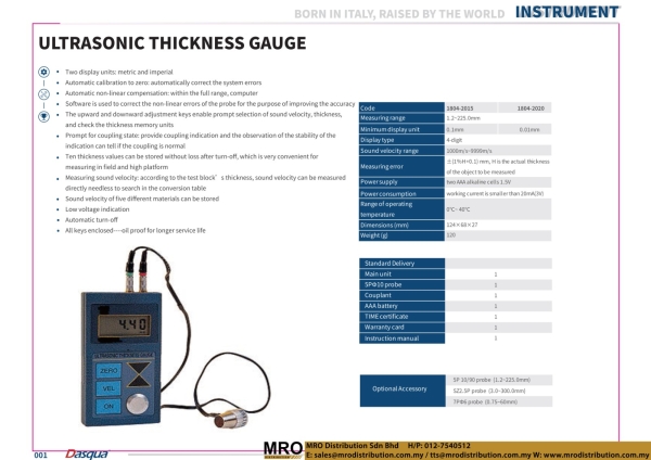 Ultrasonic Thickness Gauge Instrument DASQUA Selangor, Malaysia, Kuala Lumpur (KL), Shah Alam Supplier, Suppliers, Supply, Supplies | MRO Distribution Sdn Bhd