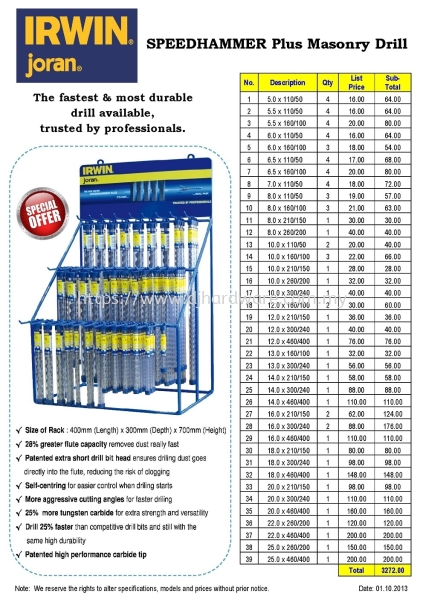 IRWIN JORAN SPEED HAMMER PLUS MASONRY DRILL WH RACK(WS) DRILL SCREW BIT HAND TOOLS TOOLS & EQUIPMENTS Selangor, Malaysia, Kuala Lumpur (KL), Sungai Buloh Supplier, Suppliers, Supply, Supplies | DJ Hardware Trading (M) Sdn Bhd