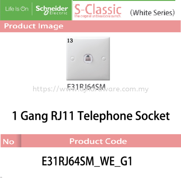 SCHNEIDER ELECTRIC S CLASSIC WHITE SERIES 1GANG RJ11 TELEPHONE SOCKET (WS) MOUNTING BOX CABLES LIGHTING & ELECTRICAL Selangor, Malaysia, Kuala Lumpur (KL), Sungai Buloh Supplier, Suppliers, Supply, Supplies | DJ Hardware Trading (M) Sdn Bhd