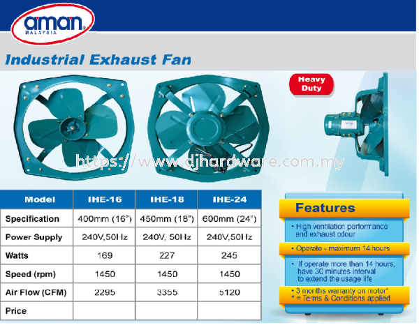 AMAN INDUSTRIAL EXHAUST FAN HEAVY DUTY (BS) FAN LIGHTING & ELECTRICAL Selangor, Malaysia, Kuala Lumpur (KL), Sungai Buloh Supplier, Suppliers, Supply, Supplies | DJ Hardware Trading (M) Sdn Bhd