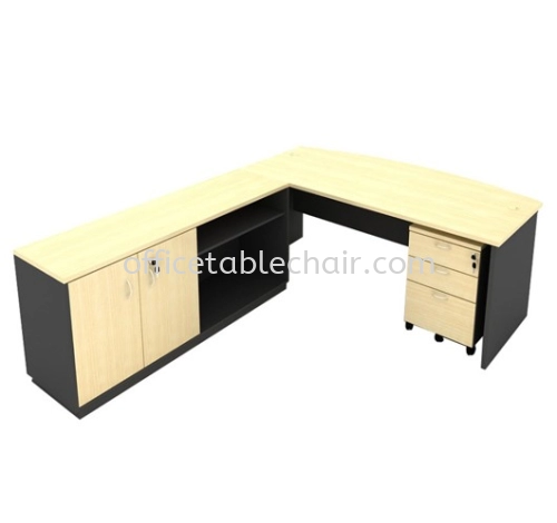 6FT WOODEN BASE EXECUTIVE CURVE OFFICE TABLE WITH SWINGING DOOR + OPEN SHELF LOW CABINET & MOBILE PEDESTAL 2D1F