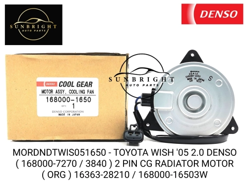 MORDNDTWIS051650 - TOYOTA WISH '05 2.0 DENSO ( 168000-7270 / 3840 ) 2 PIN CG RADIATOR MOTOR ( ORG ) 16363-28210 / 168000-16503W