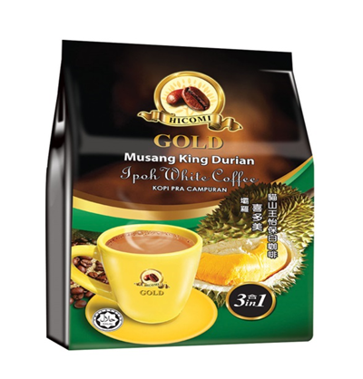 HICOMI GOLD MUSANG KING DURIAN IPOH WHITE COFFEE 3 IN 1 Hicomi Brand BEVERAGE Malaysia, Perak, Sungai Siput Supplier, Manufacturer, Supply, Supplies | HICOMI INTERNATIONAL SDN BHD