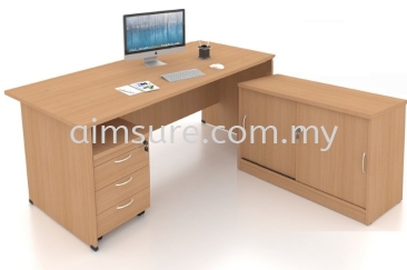 Table with wooden panel and side cabinet