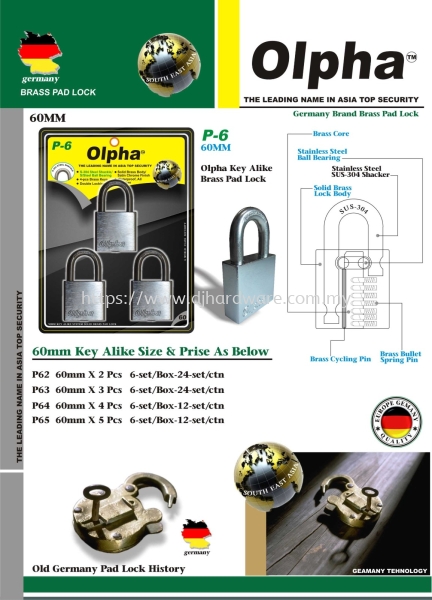 OLPHA THE LEADING NAME IN ASIA TOP SECURITY KEY ALIKE 60MM P65(LSK) LOCKS & PADLOCKS HARDWARE TOOLS BUILDING SUPPLIES & MATERIALS Selangor, Malaysia, Kuala Lumpur (KL), Sungai Buloh Supplier, Suppliers, Supply, Supplies | DJ Hardware Trading (M) Sdn Bhd