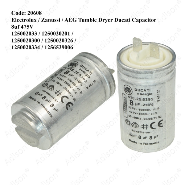 Code: 20608 Electrolux / Zanussi / AEG Tumble Dryer Ducati Capacitor 8uf 475V 125002033 / 1250020201 Capacitor Parts Melaka, Malaysia Supplier, Wholesaler, Supply, Supplies | Adison Component Sdn Bhd