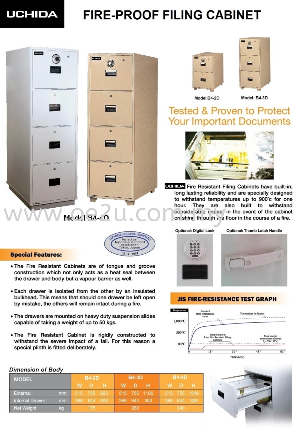 UCHIDA 4 Drawer Fire Resistant Filing Cabinet (B4-4D)_340kg