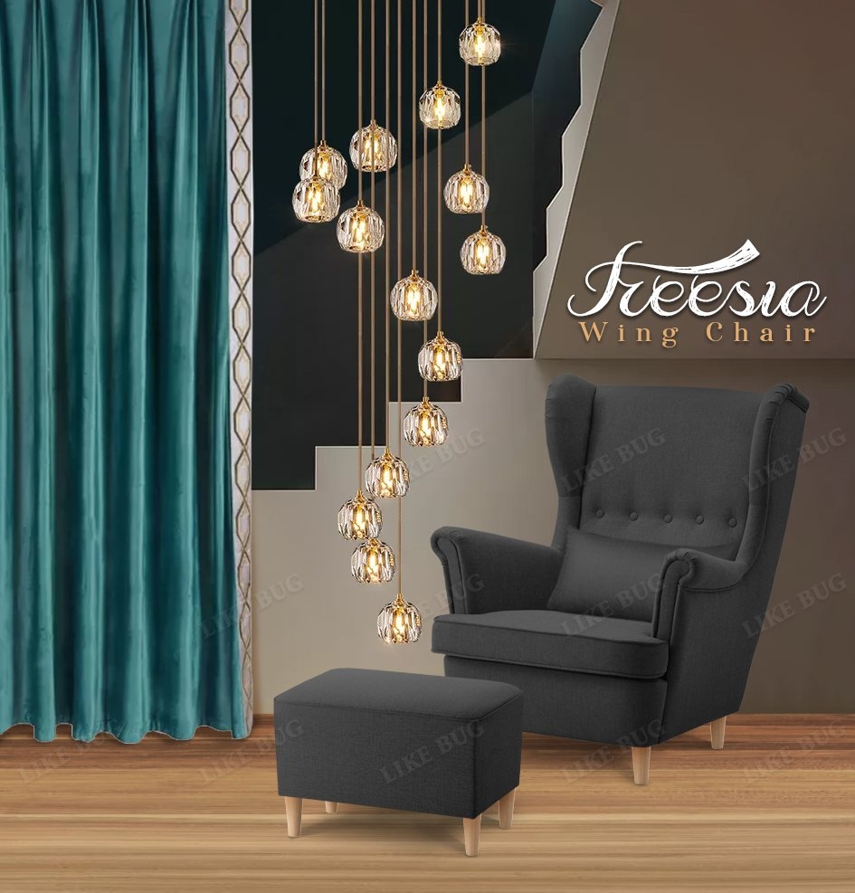 Freesia Canvas High Back Wing Chair With Stool Black Sofa Chair Home Living Malaysia