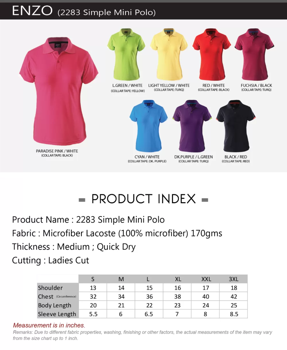 Ladies Simple Mini Polo | Ladies Polo T-shirt | Ladies Plain T-shirt | Adult ENZO 2283