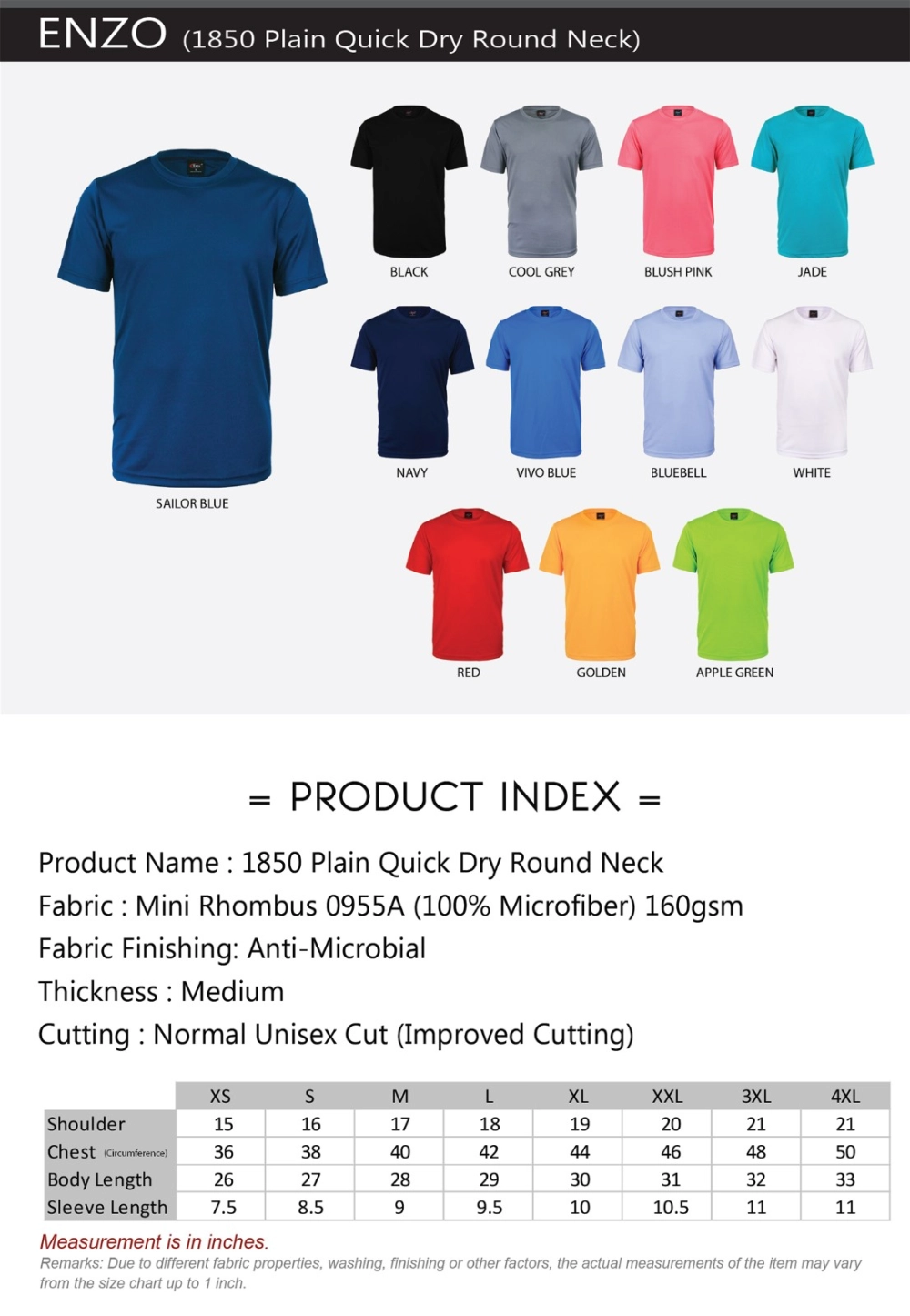 Roundneck T-shirt / Plain Quick Dry Roundneck T-shirt / Adult ENZO 1850