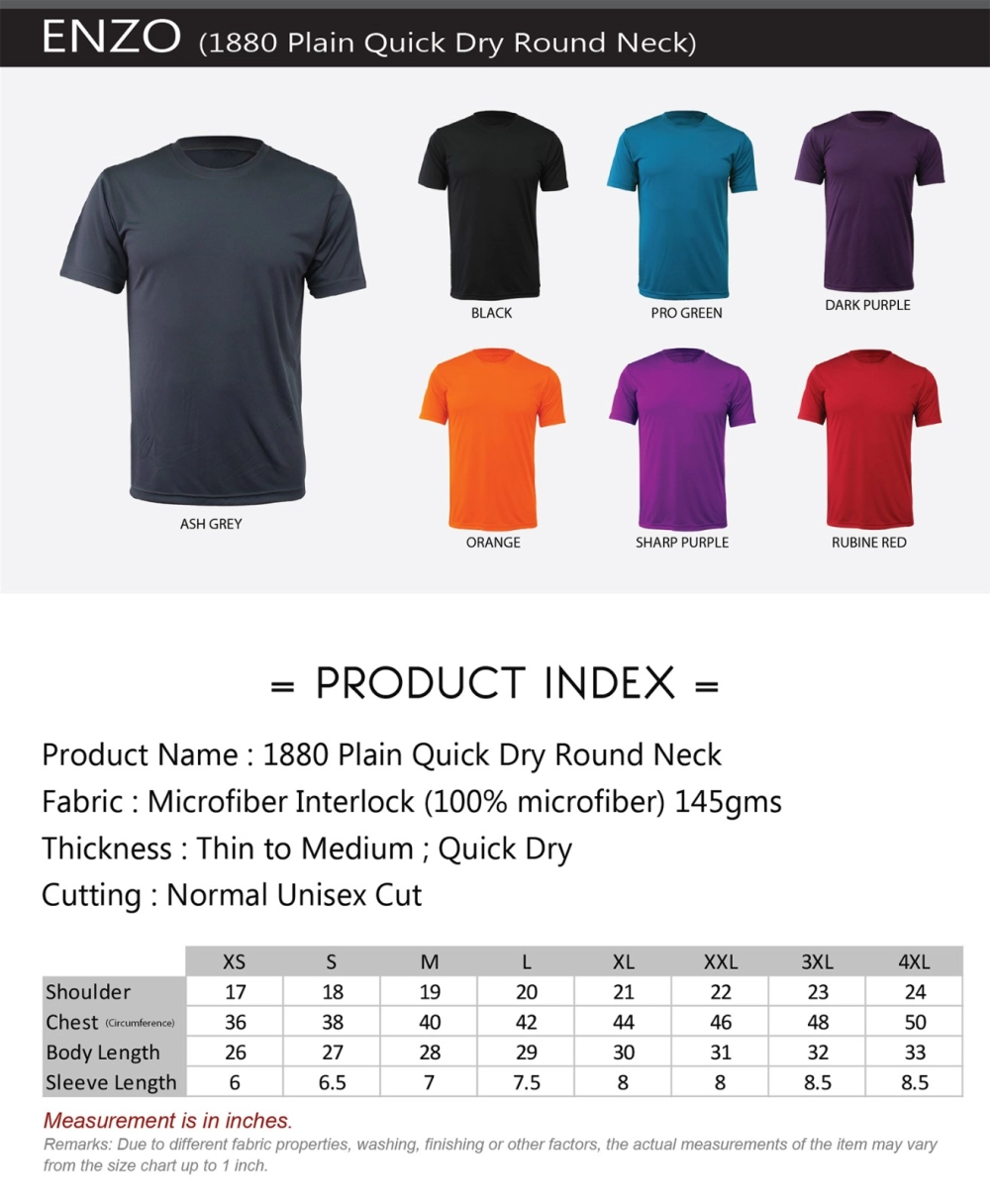 Roundneck T-shirt / Plain Quick Dry Roundneck T-shirt / Quick Dry T-shirt / Adult ENZO 1880