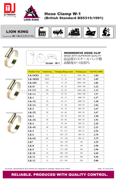 LION KING HOSE CLAMP W1 BRITISH STANDARD WORMDRIVE HOSE CLIP LK12 251MM - 281MM (CL) SCREWS HARDWARE TOOLS BUILDING SUPPLIES & MATERIALS Selangor, Malaysia, Kuala Lumpur (KL), Sungai Buloh Supplier, Suppliers, Supply, Supplies | DJ Hardware Trading (M) Sdn Bhd