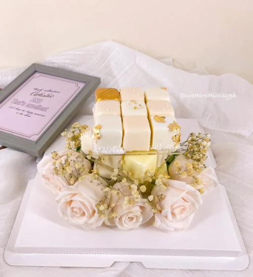 Flower Theme - White roses Mousse Cube Cake