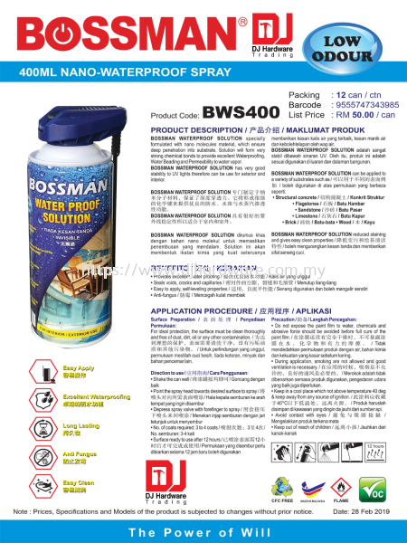 BOSSMAN NANO WATERPROOF SPRAY LOW ODOUR BWS400 9555747343985 (CL) OIL & ADDITIVES & CHEMICALS BUILDING SUPPLIES & MATERIALS Selangor, Malaysia, Kuala Lumpur (KL), Sungai Buloh Supplier, Suppliers, Supply, Supplies | DJ Hardware Trading (M) Sdn Bhd
