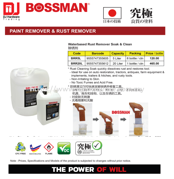 BOSSMAN WATERBASED RUST REMOVER SOAK CLEAN BRR20L 9555747355612 (CL) OIL & ADDITIVES & CHEMICALS BUILDING SUPPLIES & MATERIALS Selangor, Malaysia, Kuala Lumpur (KL), Sungai Buloh Supplier, Suppliers, Supply, Supplies | DJ Hardware Trading (M) Sdn Bhd