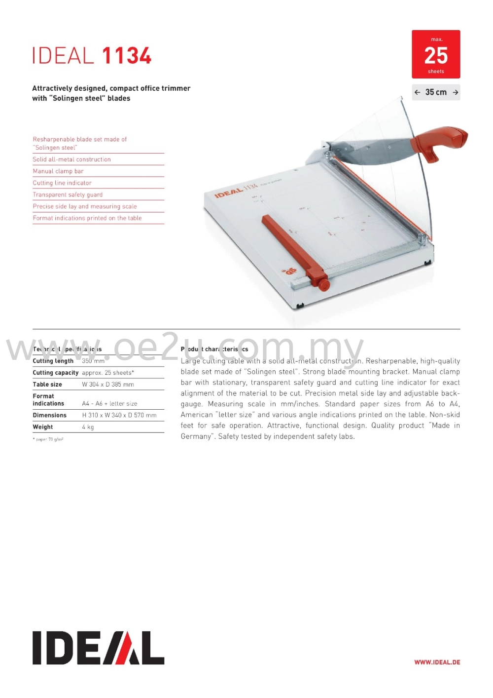 IDEAL 1134 Guillotine Trimmer (Cutting Length: 350mm / Cutting Capacity: 25 sheets)