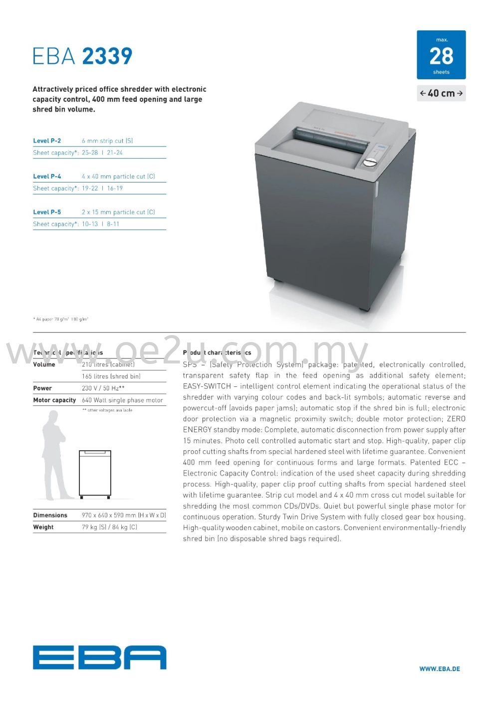 EBA 2339 C Paper Shredder (Cross Cut: 4x40mm / Micro Cut: 2x15mm , Bin Capacity: 165 Liters)_Made in Germany