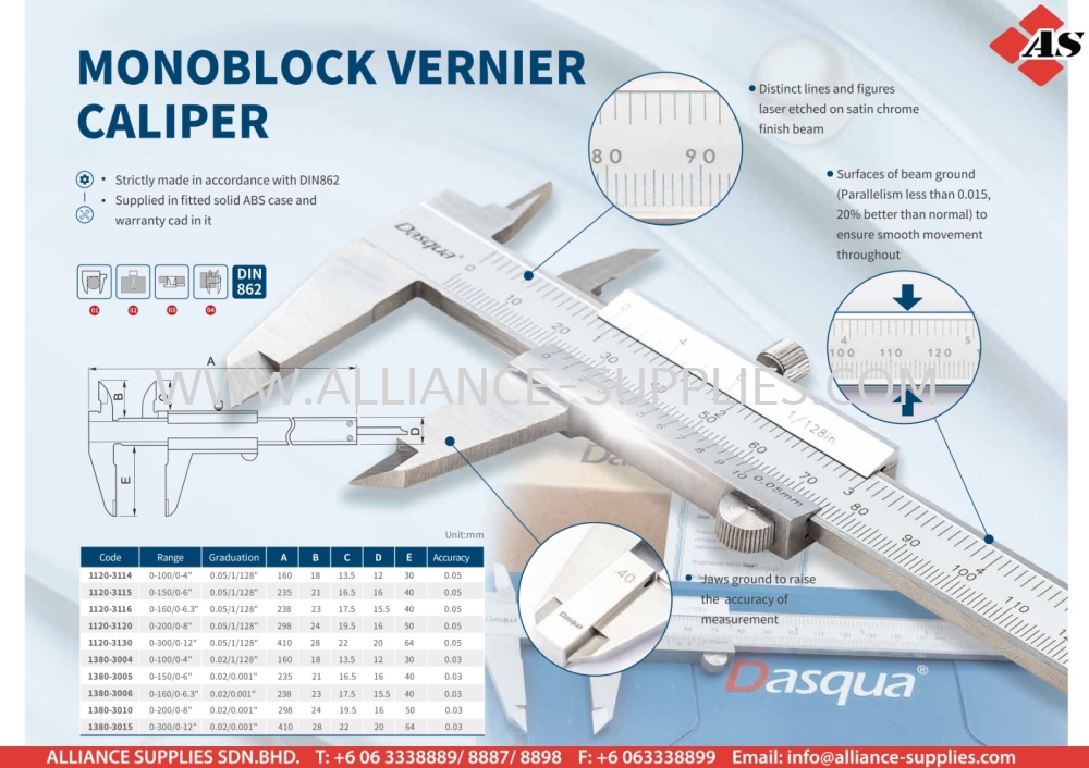 DASQUA Monoblock Vernier Caliper DASQUA Calipers DASQUA Measuring Tools  MEASURING INSTRUMENTS Malaysia, Melaka, Selangor, Kuala Lumpur (KL), Johor  Bahru (JB), Sarawak Supplier, Supply, Supplies