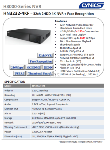 Cynics 8MP 32 Channel 2HDD 4K + Face Recognition NVR HN-3232-4KF Network Video Recorder (NVR) Cynics CCTV System Perak, Ipoh, Malaysia Installation, Supplier, Supply, Supplies | Exces Sales & Services Sdn Bhd