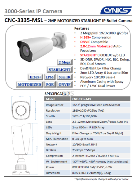 Cynics 2MP Motorized Starlight IP Bullet Camera CNC-3335-MSL IP IR Bullet / Dome Camera Cynics CCTV System Perak, Ipoh, Malaysia Installation, Supplier, Supply, Supplies | Exces Sales & Services Sdn Bhd