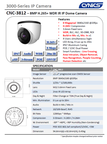 Cynics 8MP WDR IR IP Dome Camera CNC-3812 IP IR Bullet / Dome Camera Cynics CCTV System Perak, Ipoh, Malaysia Installation, Supplier, Supply, Supplies | Exces Sales & Services Sdn Bhd