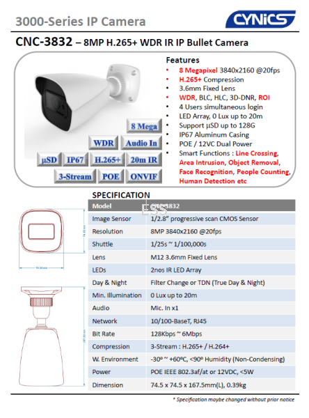 Cynics 8MP WDR IR IP Bullet Camera CNC-3832 IP IR Bullet / Dome Camera Cynics CCTV System Perak, Ipoh, Malaysia Installation, Supplier, Supply, Supplies | Exces Sales & Services Sdn Bhd