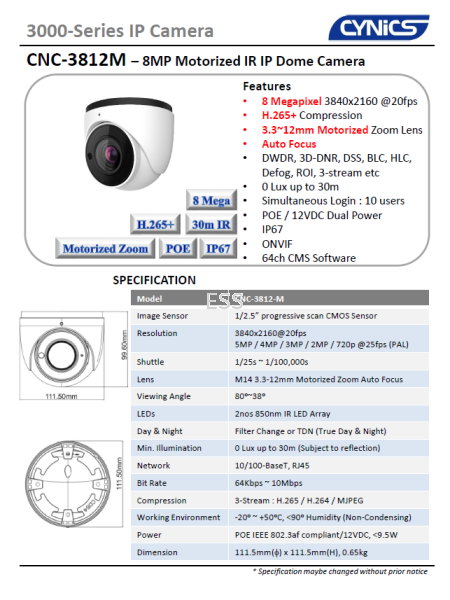 Cynics 8MP Motorized IP Dome Camera CNC-3812-M IP IR Bullet / Dome Camera Cynics CCTV System Perak, Ipoh, Malaysia Installation, Supplier, Supply, Supplies | Exces Sales & Services Sdn Bhd