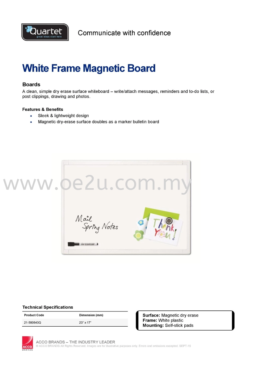 QUARTET White Frame Magnetic Board (23"x17")