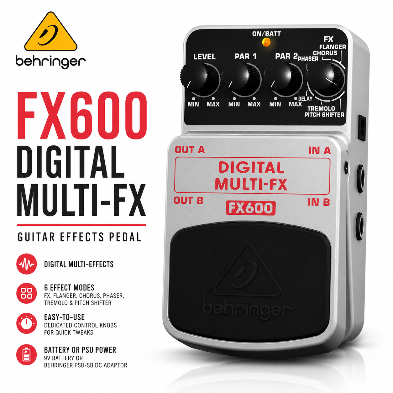 Behringer FX600 Pedal Kesan Gitar Digital Multi-FX – Pemproses Pelbagai Kesan untuk Gitar Elektrik & Bass