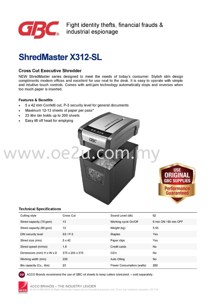 GBC ShredMaster X312-SL Executive Paper Shredder (Shred Capacity: 13  Sheets, Cross Cut: 5x42mm, Bin Capacity: 23 Liters) OFFICE AUTOMATION /  BUSINESS MACHINE Kuala Lumpur (KL), Malaysia, Selangor, Cheras Supplier,  Suppliers, Supply, Supplies