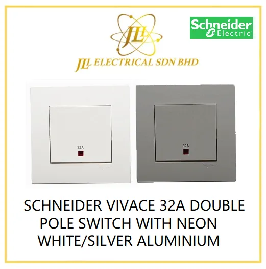 SCHNEIDER VIVACE 32A DOUBLE POLE SWITCH WITH NEON WHITE/SILVER ALUMINIUM [KB31DR32N_WE_G11/KB31DR32N_AS_G11]