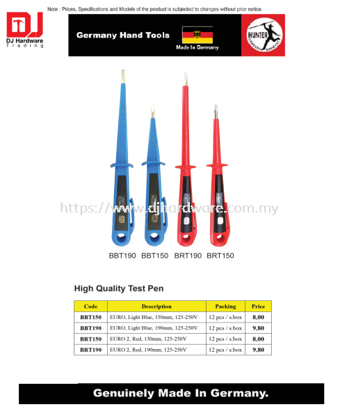 GERMANY HAND TOOLS HIGH QUALITY TEST PEN EURO 2 RED 150MM 125V 250V BRT150 (CL) SCREWDRIVERS & KEYS HAND TOOLS TOOLS & EQUIPMENTS Selangor, Malaysia, Kuala Lumpur (KL), Sungai Buloh Supplier, Suppliers, Supply, Supplies | DJ Hardware Trading (M) Sdn Bhd